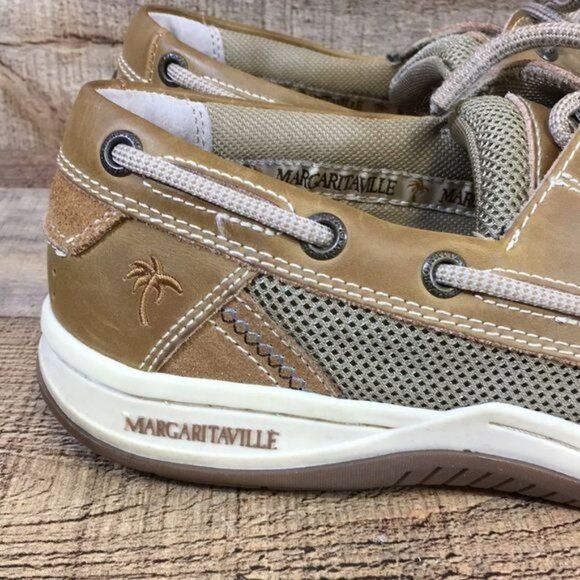 Margaritaville Boat Shoes Mens 10 Tan Leather Anchor Lace‎ Up - Picture 2 of 13